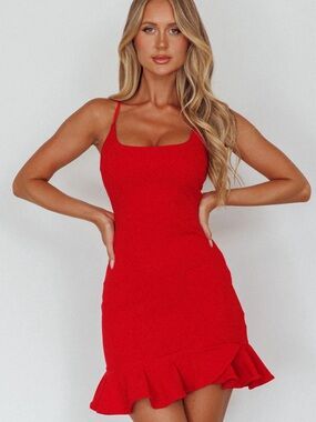 White Fox Boutique Red Spaghetti Strap Ruffle-Hem Mini Dress